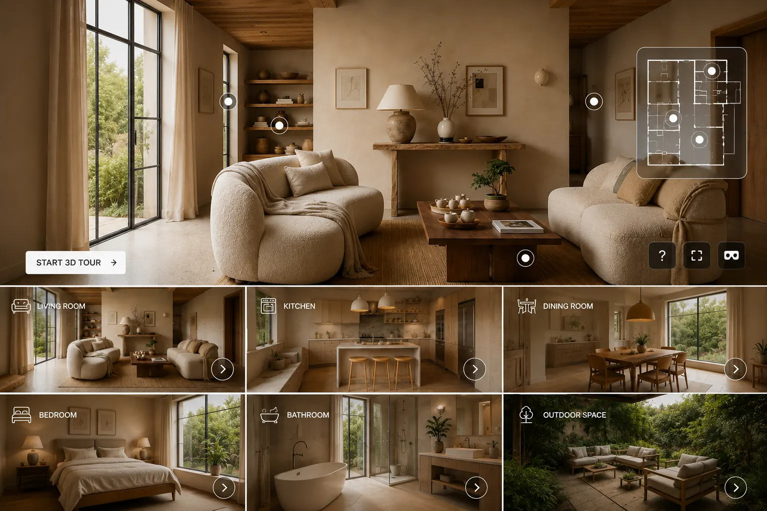 Interactive 3D walkthrough with room-by-room navigation